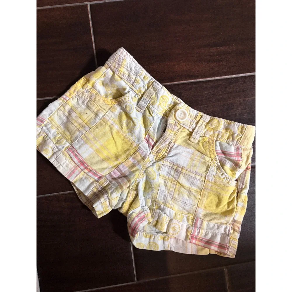 Old Navy Girls Yellow Plaid Paisley Patchwork Shorts Y2K Size 6